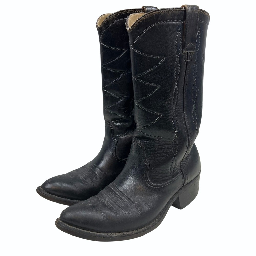 Vintage Double H Black Leather Cowboy Western Boots Pointed Toe Mens Size 7D